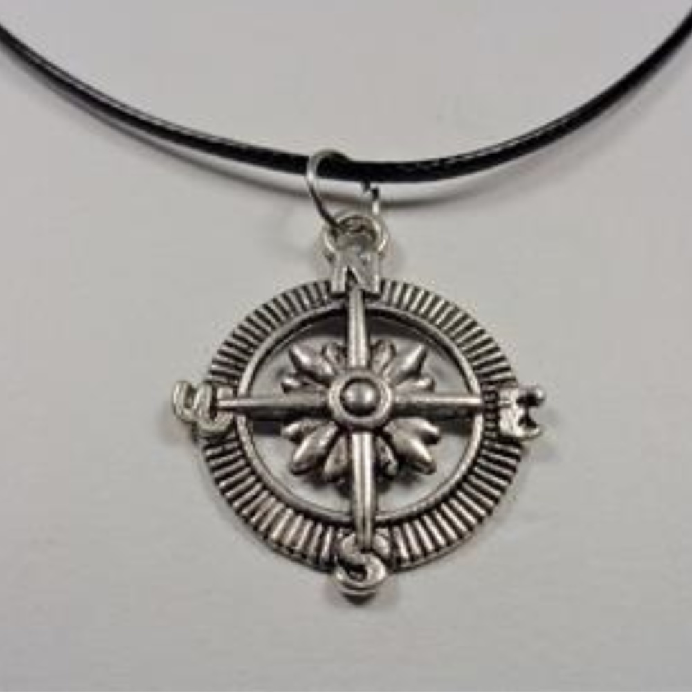 NAUTICAL COMPASS ROSE BLACK LEATHER NECKLACE